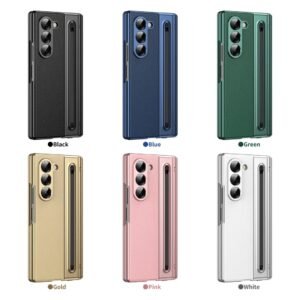 Built-in Electroplated Simple Leather Folding Phone Case with Center Axis and Pen Slot for Z Fold 5 and 6
