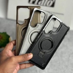 Samsung Galaxy S26 Ultra PU Leather Chrome Case with Ring Metal Stand